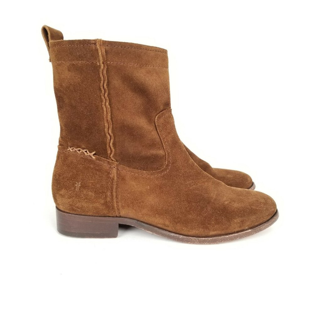 Frye Cara Short Suede Western Ankle Boot Brown Tan